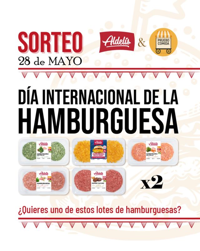 🍔¡SOOORTEAZO! 🍔

Para celebrar el Día Internacional de la Hamburguesa, sorteamos junto a @pruebocomida 3 LOTES de hamburguesas irresistibles con 2 packs de cada hamburguesa que aparece en la imagen.

¿Quieres participar?
1️⃣ Sigue a @aldelis_es y @pruebocomida 
2️⃣ Dar like a esta publicación
3️⃣ Mencionar a la persona con la que compartirías las hamburguesas
4️⃣ Extra: compartir el post en historias

📆 Podéis participar hasta el 4 de junio a las 23:59. Publicaremos los ganadores en stories el 5 de junio y en comentarios de este post.

¡Muuuucha suerte!🍀🍀

*Sorteo válido solo en Instagram
*Bases legales disponibles en el link del perfil de @aldelis_es 

#sorteo #sorteohamburguesas #sorteoaldelis #aldelis #hamburguesas #diadelahamburguesa